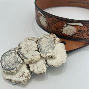 Genuine tooled leather Belt White Howlite Magnesite embellished with eagles boho